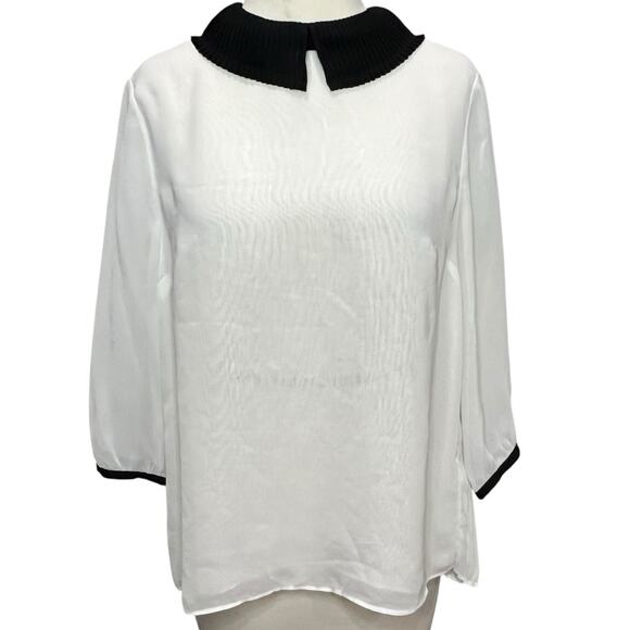 Ted Baker Jenya Blouse S Off White Black Pleated Peter Pan Collar Modest Chic - Picture 2 of 16